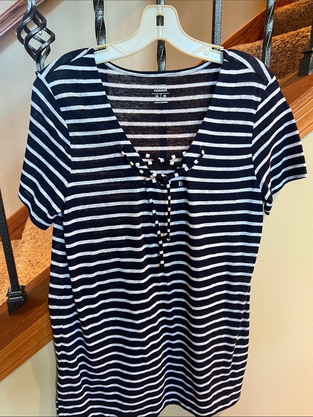 Nautical Navy & White Striped Lace-Up V-Neck Tee